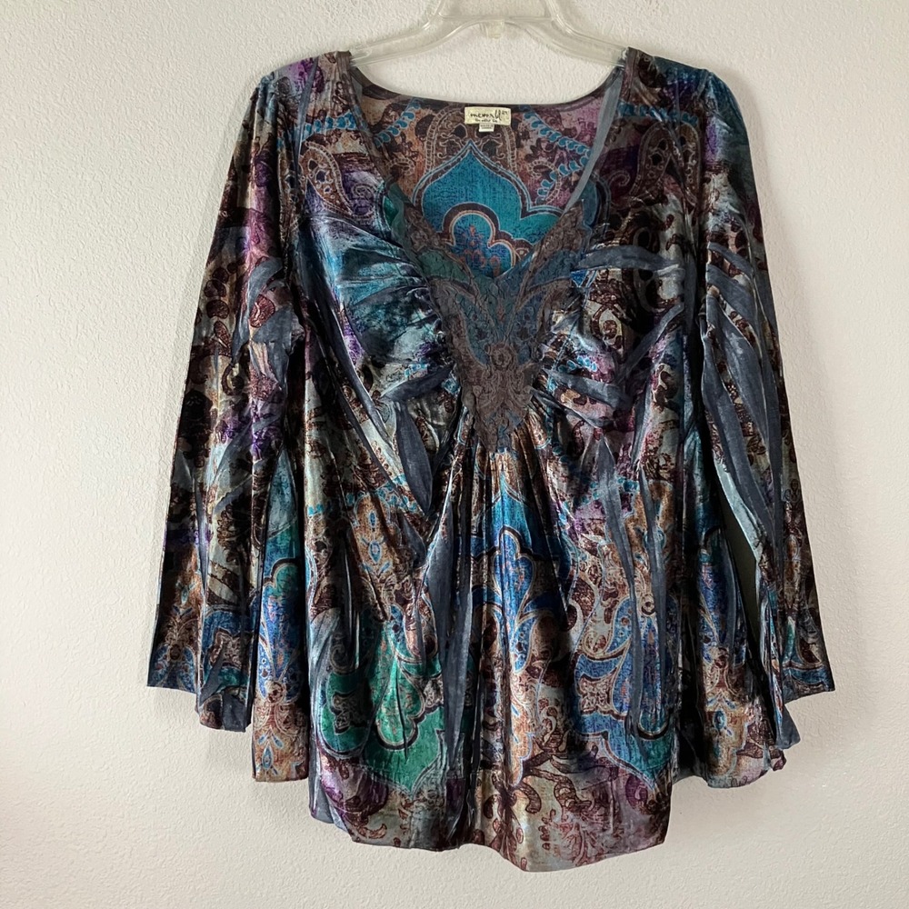 ONE WORLD Velour V-neck Top 2X Flare Sleeve Mixed Print Fairy Grunge Whimsigoth - Picture 11 of 12